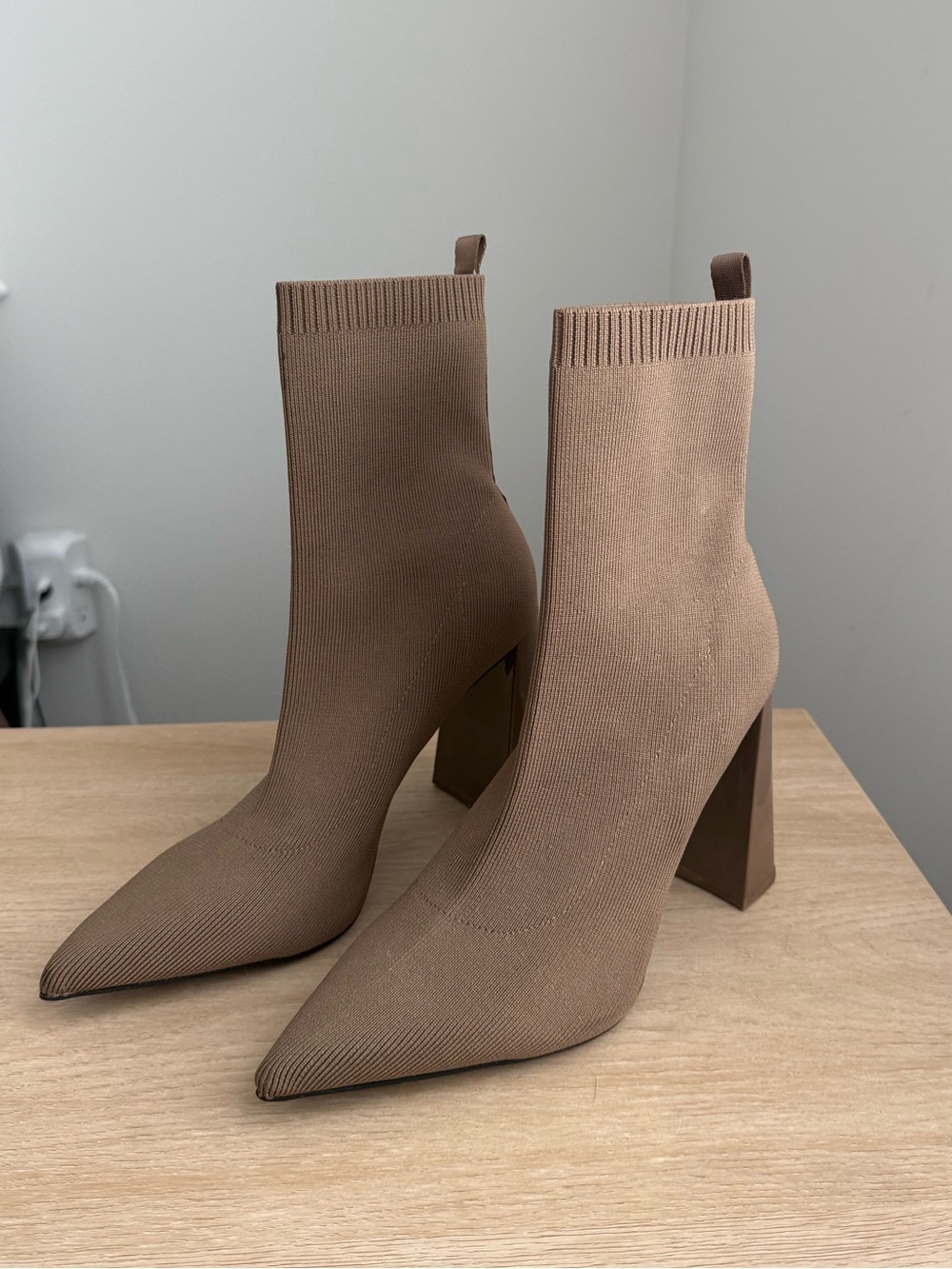 Taupe Stretch Knit Pointed Toe Block Heel Ankle Boots